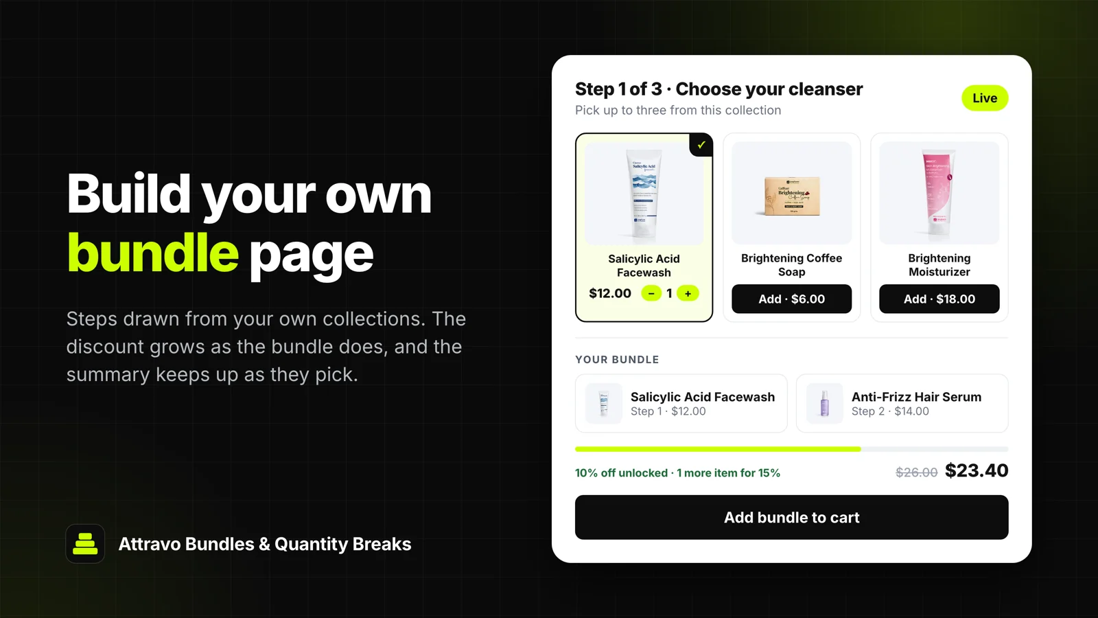 Multi-step build-your-own bundle page, with the running summary and ten percent off unlocked at two items