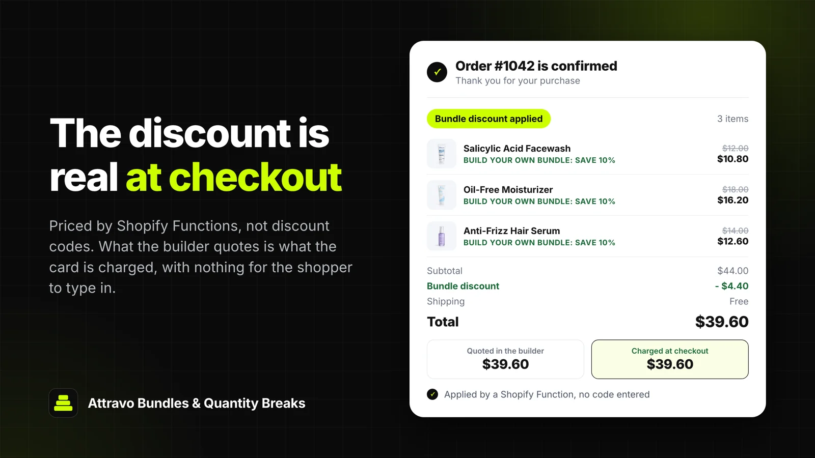 Order confirmation with the bundle discount applied line by line, and the builder quote matching the checkout total