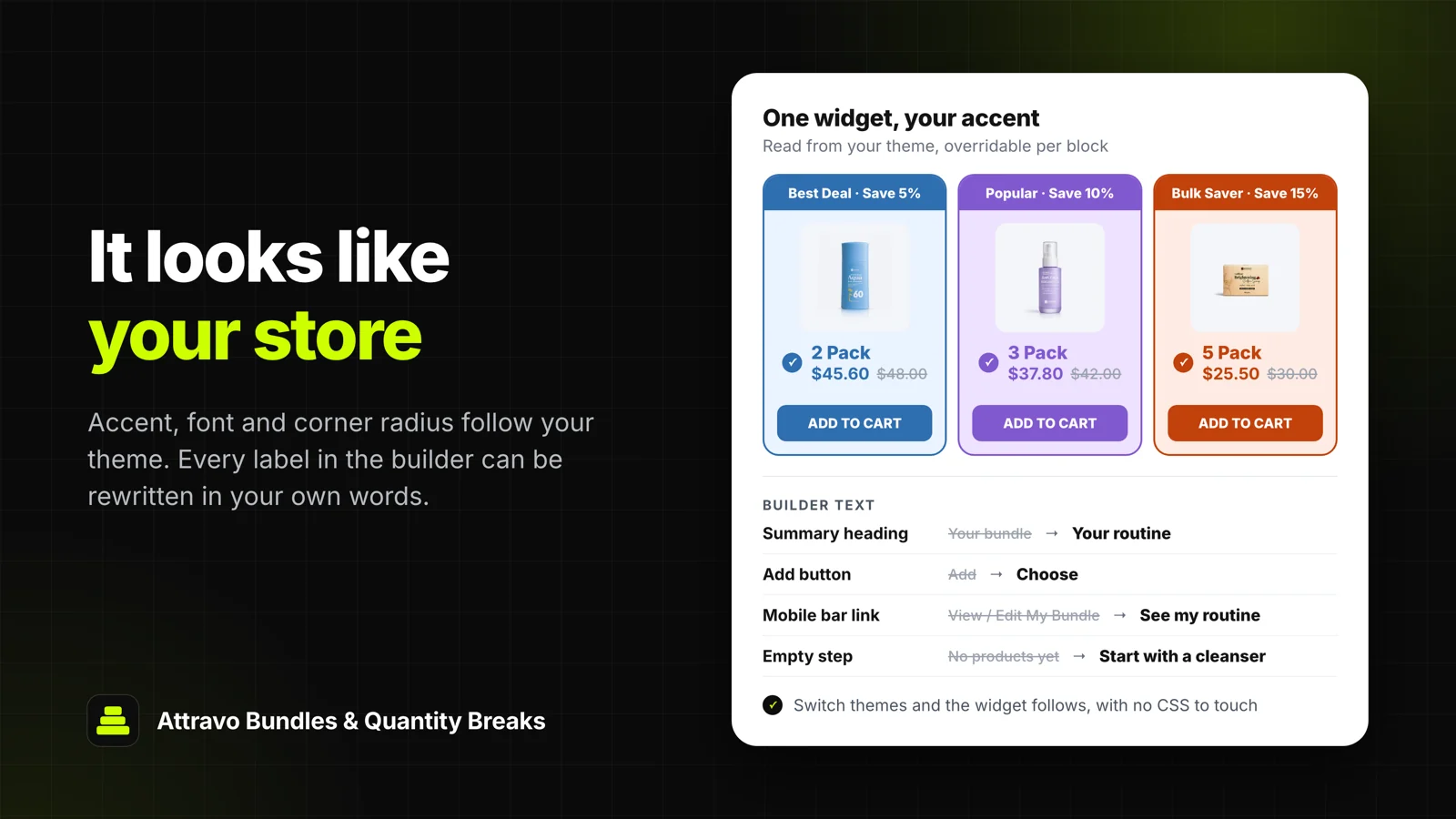 The same bundle widget rendered in three theme accents, with every builder label rewritten