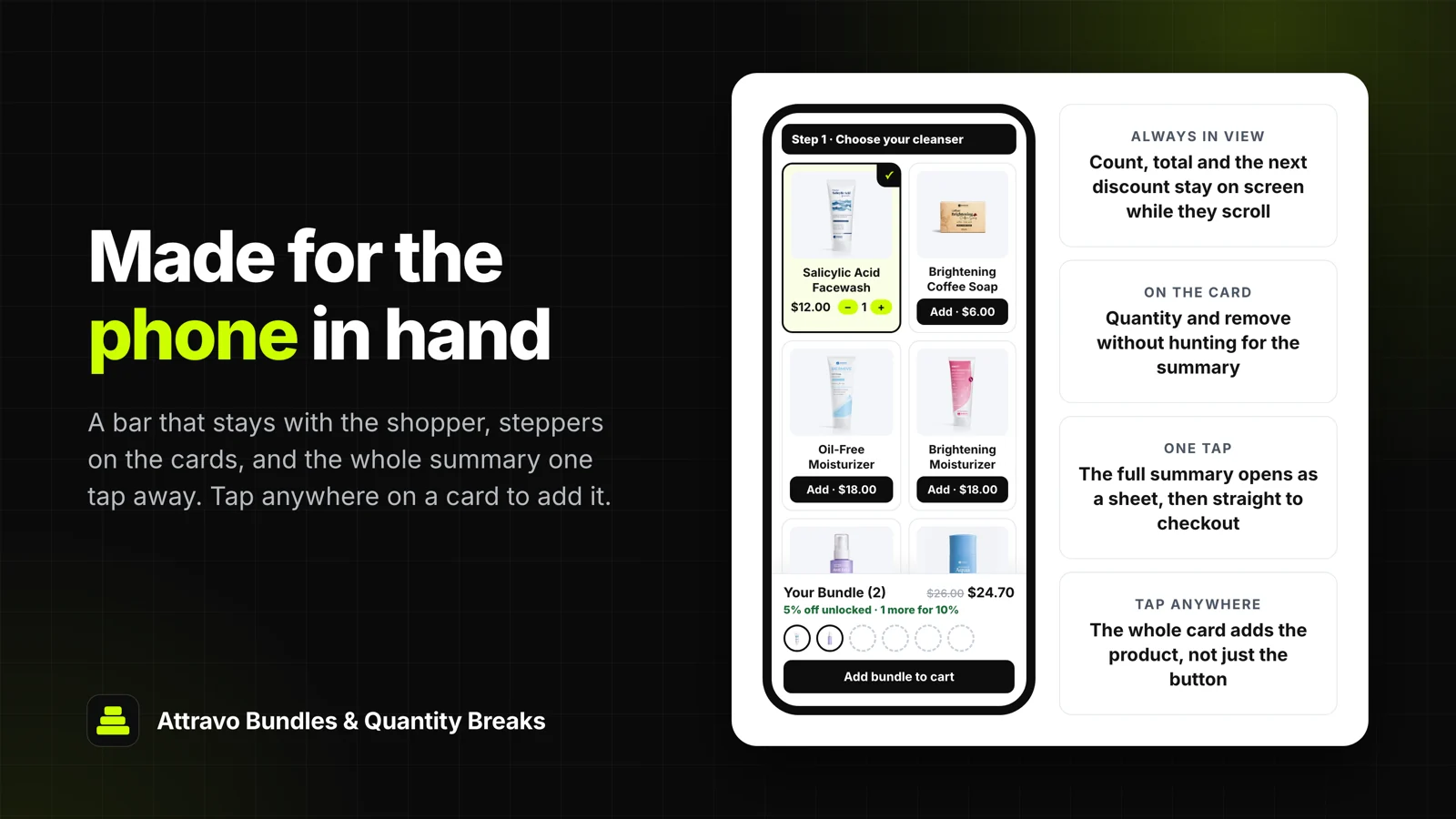 Phone showing the bundle builder with a sticky summary bar, steppers on the cards, and the set added in one tap