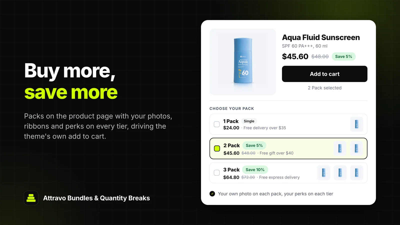 Product page pack selector with one, two, and three packs, each showing its own saving, perk, and photo