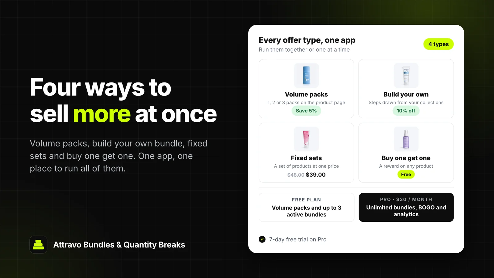 The four offer types side by side: volume packs, build your own, fixed sets, and buy one get one