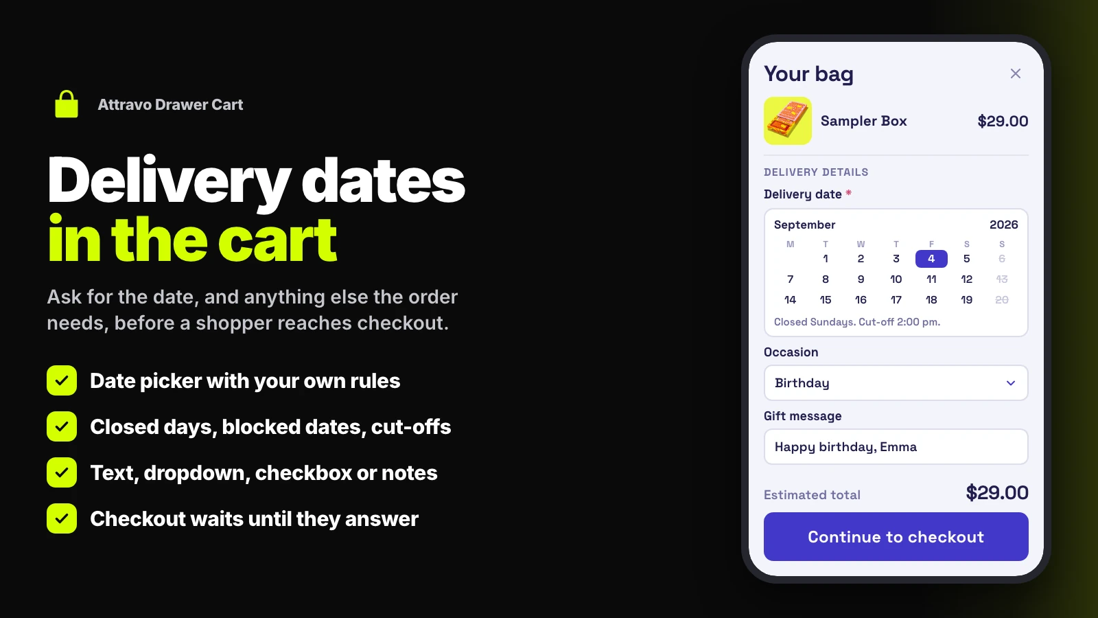 Delivery date picker in the cart with an occasion dropdown and a gift message field, above the checkout button