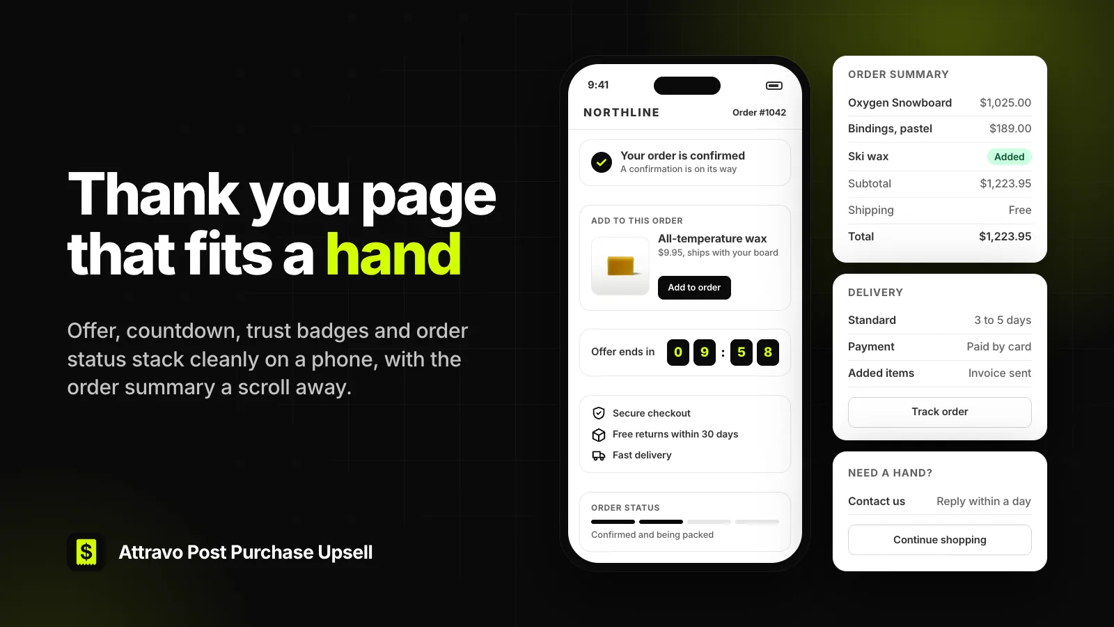A phone showing the thank you page with an add-on offer, countdown timer, trust badges and order status, beside the order summary