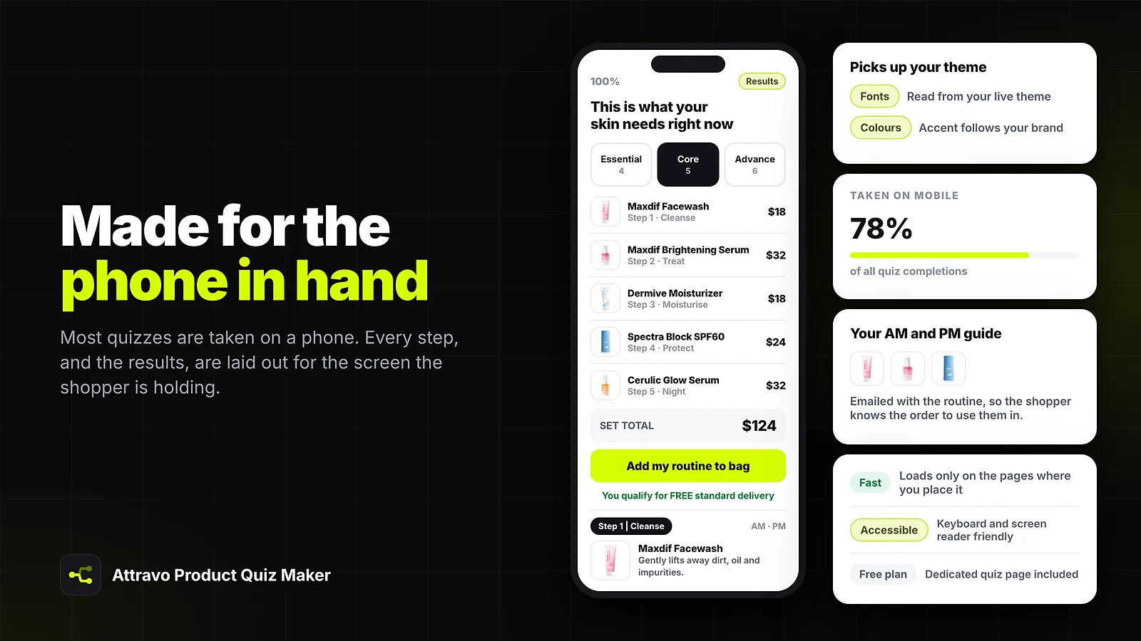 Phone showing the quiz results routine with the set total, add to bag, and the AM and PM usage guide