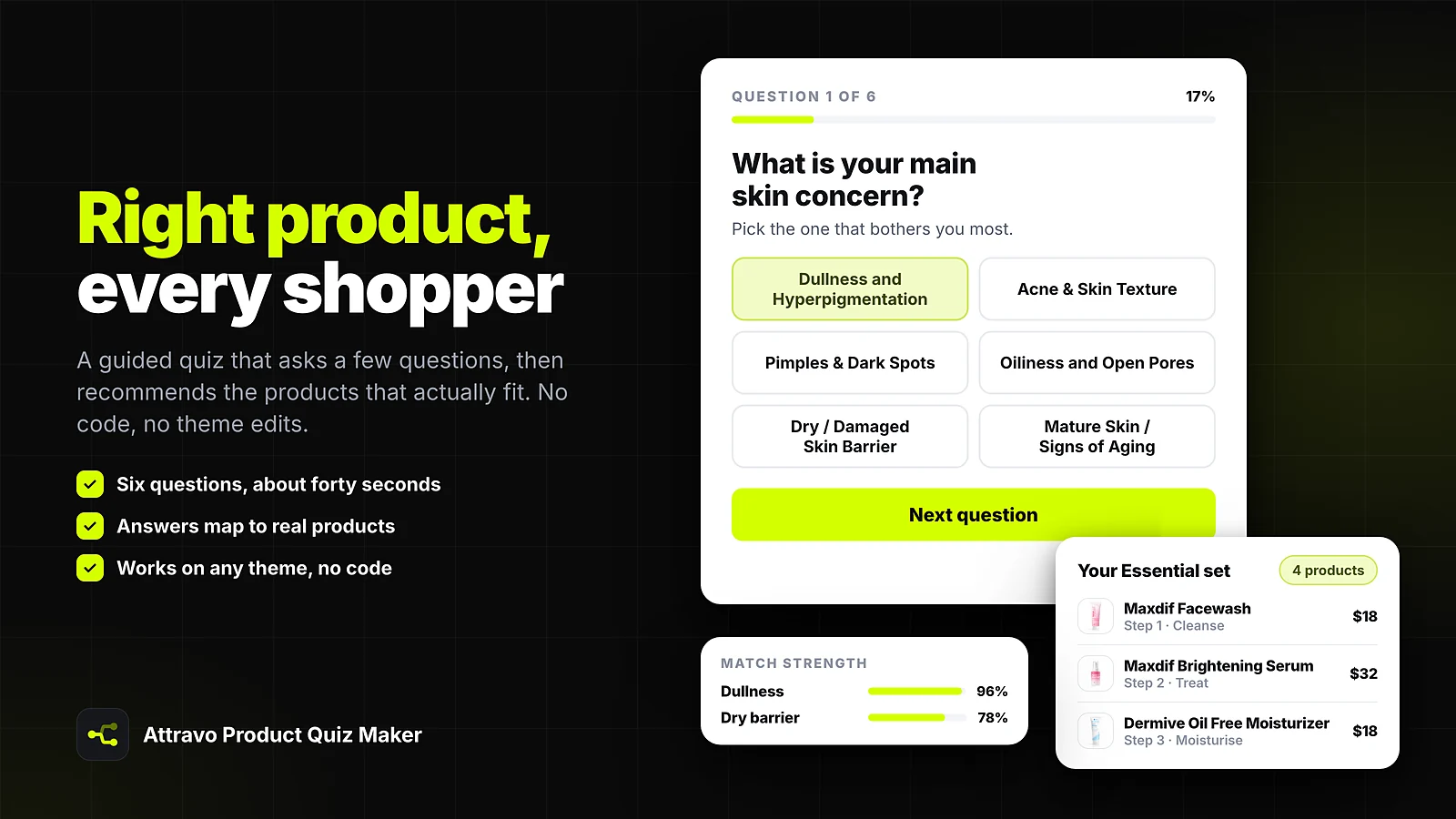 A six question product finder quiz with a progress bar, answer tiles, and the matched routine building alongside it