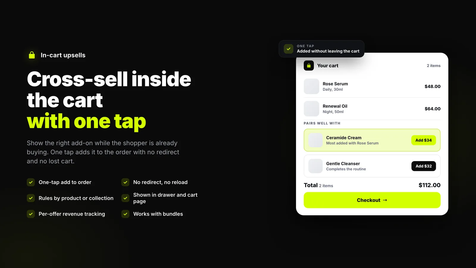 In-cart cross-sell suggestions with one-tap add-to-order buttons below the cart line items