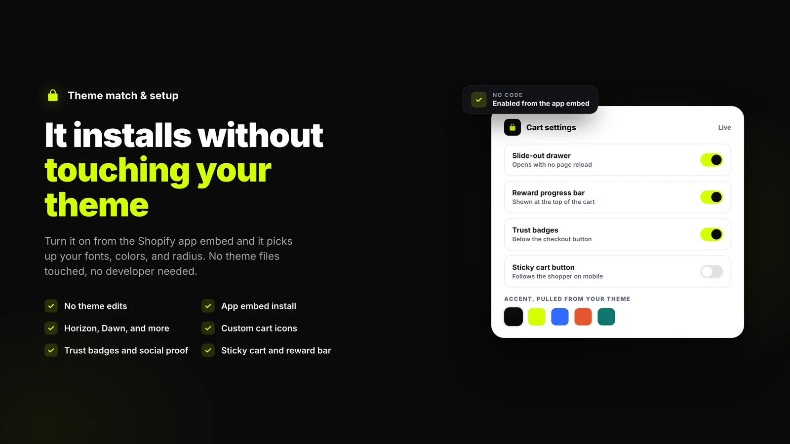 Cart settings panel with toggles for the drawer, reward bar, trust badges, and sticky cart, plus theme accent colors