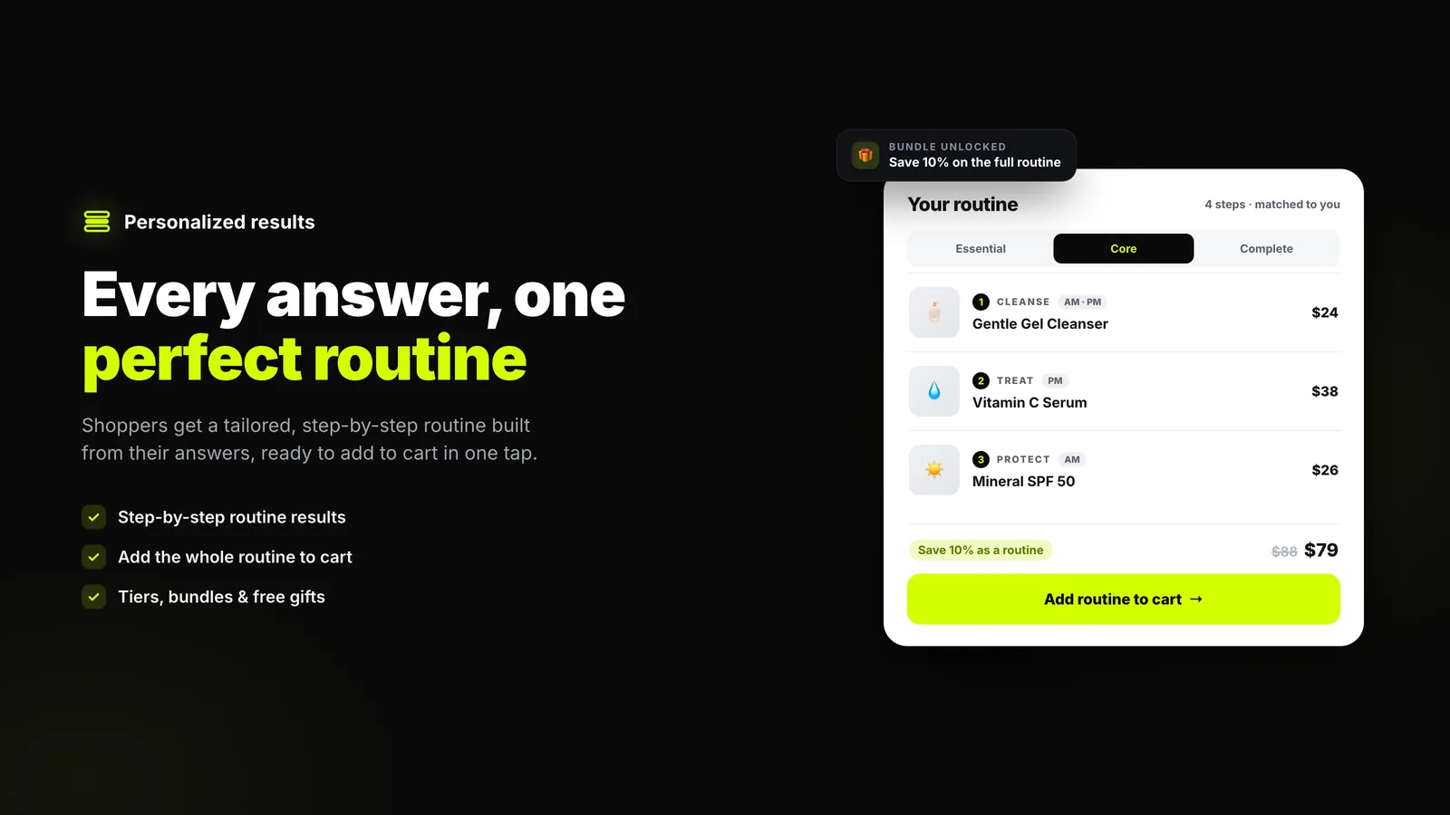 Personalized quiz results recommending a full routine
