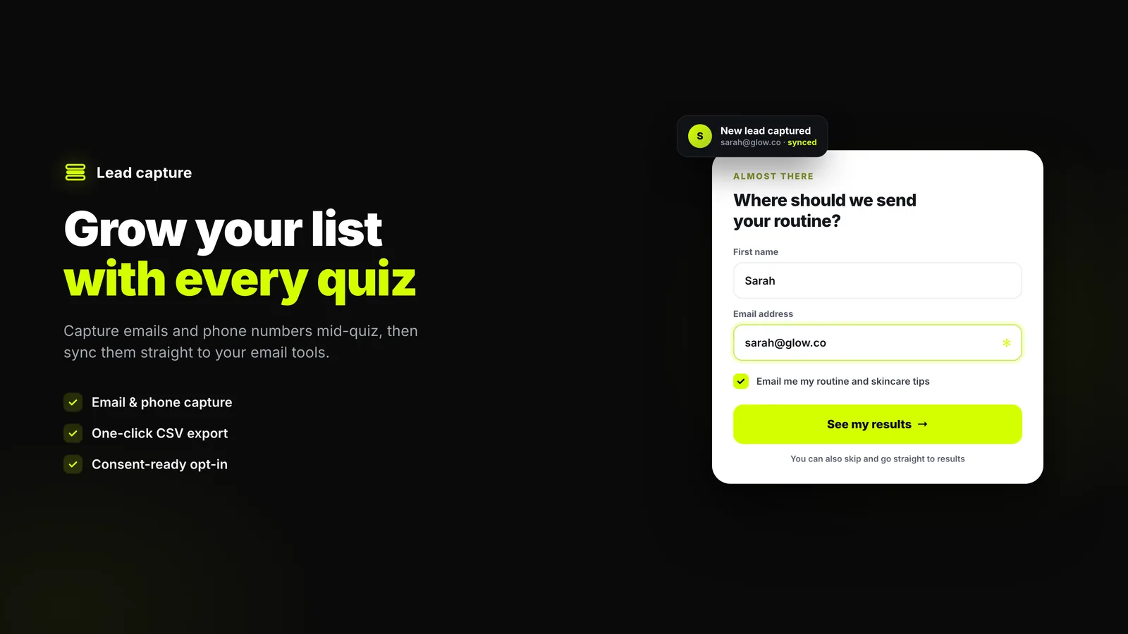 Email and phone lead capture step inside the quiz