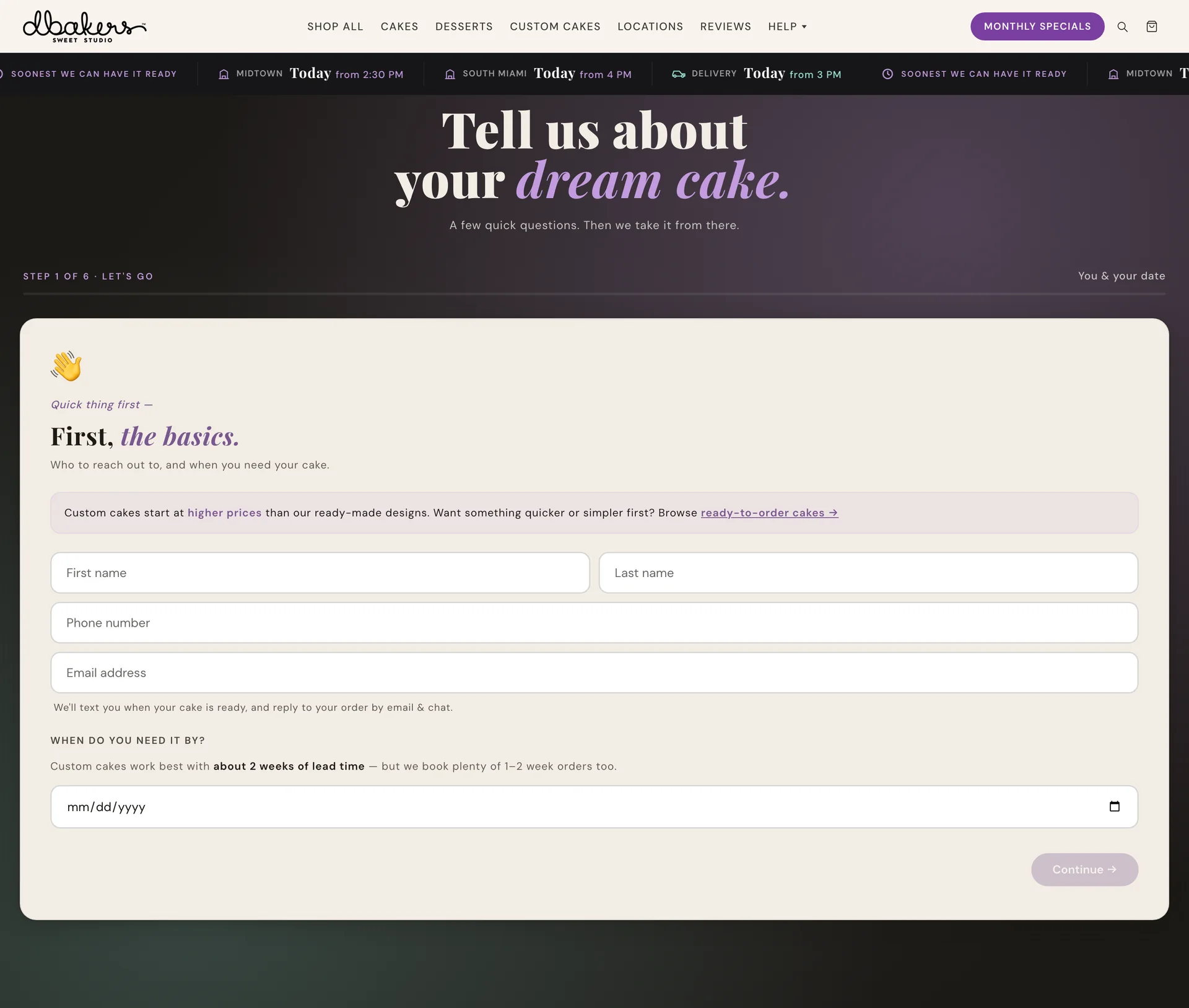 Custom cake quote flow, step one of six, capturing contact details and the date the cake is needed