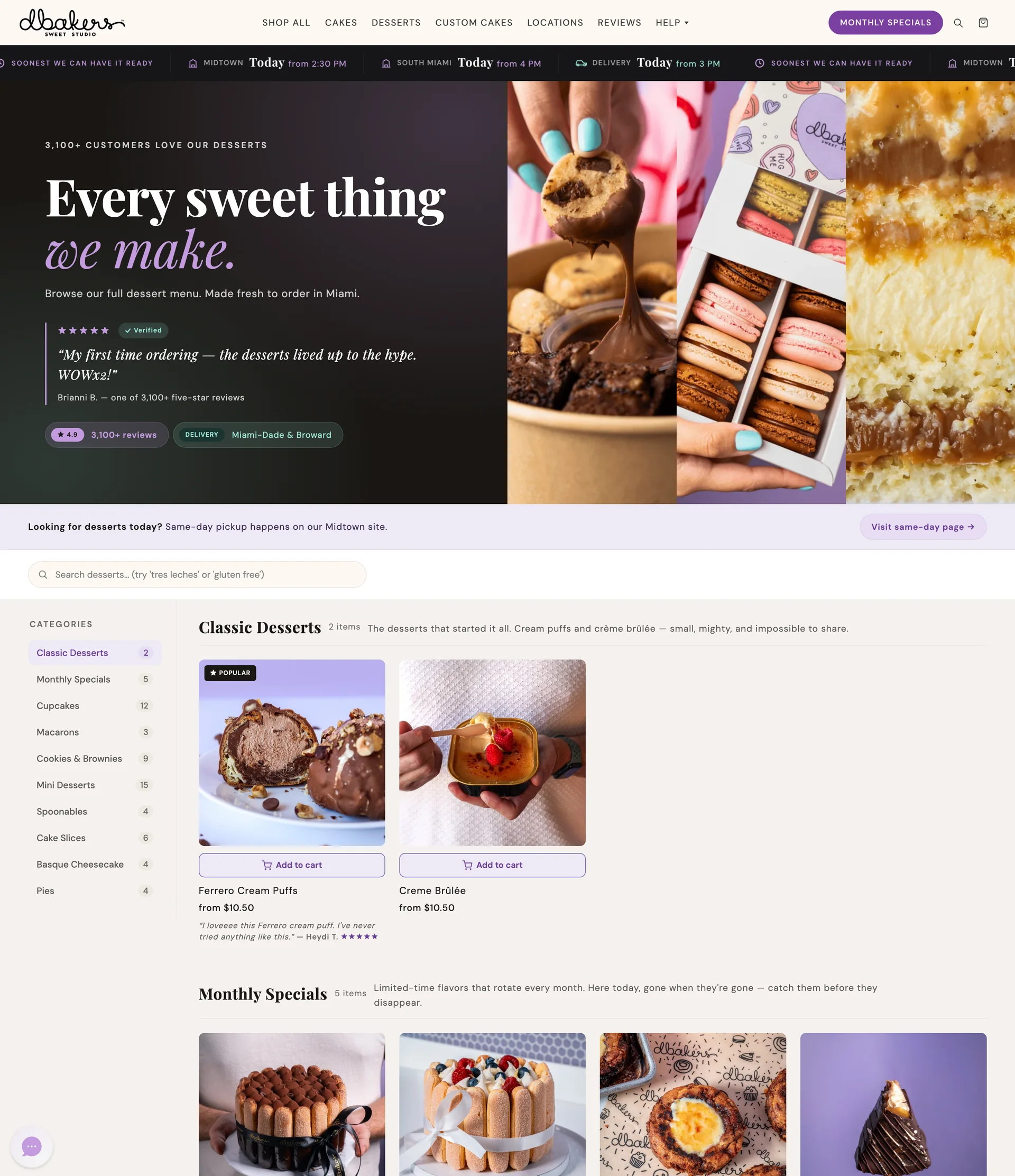 Desserts landing page merchandising macarons, cookies and cupcakes alongside the cake range