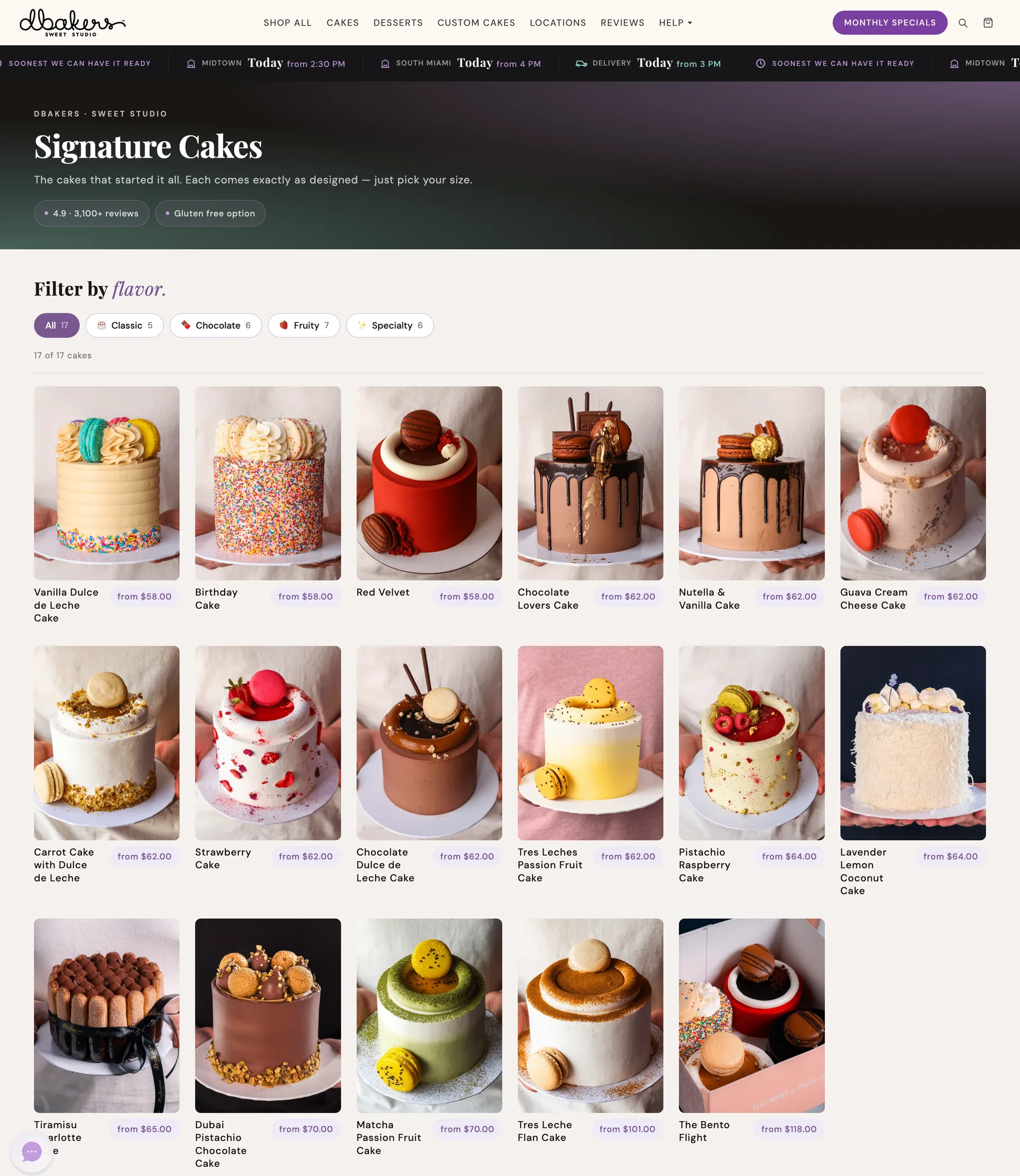 Signature cakes collection filtered by flavour, showing the full range with per-cake pricing