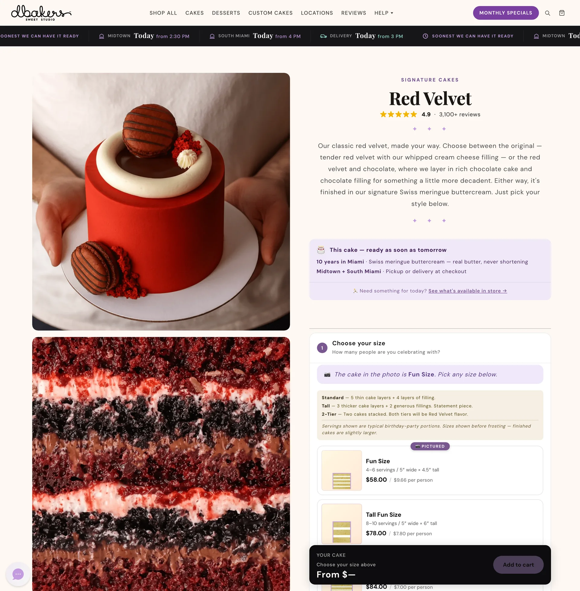 Red Velvet product page with the size selector, servings guidance, and a sticky add to cart bar
