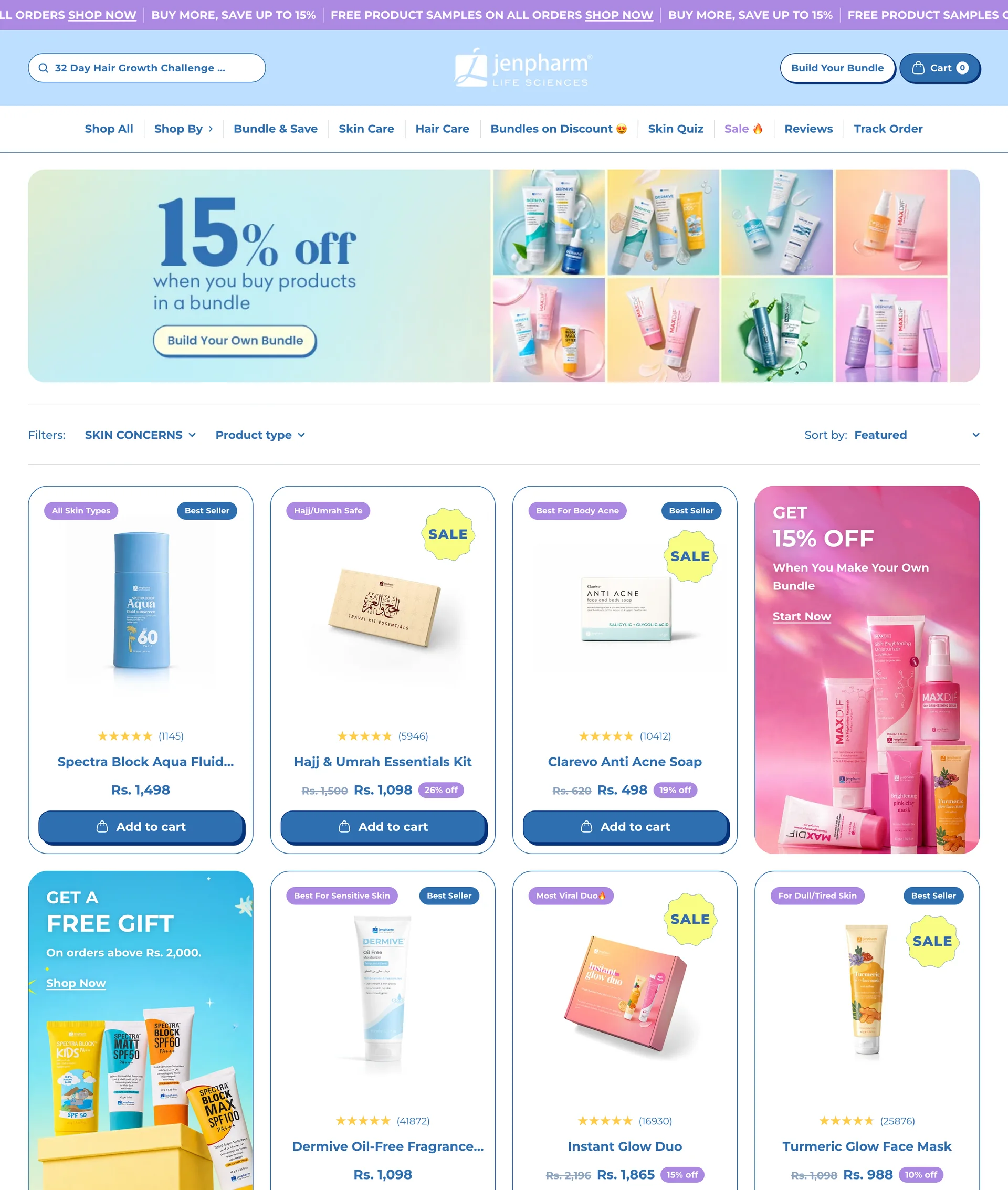 Jenpharm collection page showing the product grid with review counts, badges, and filtering
