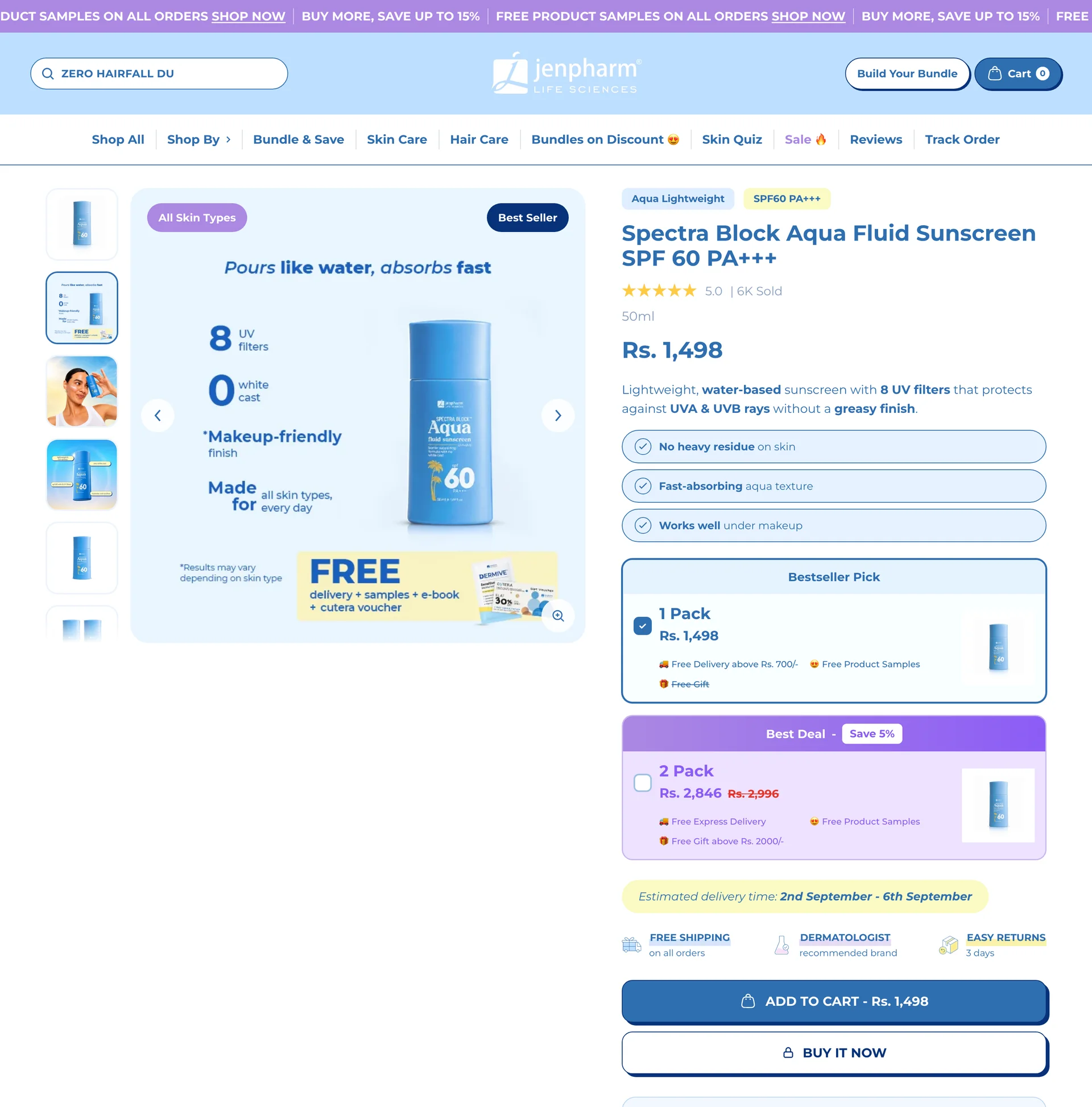 Jenpharm product page with benefit chips, one and two pack quantity breaks, a delivery estimate, and the buy buttons